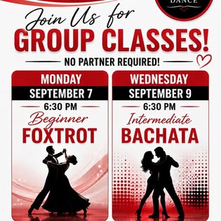 C&C group class flyer for beginner Foxtrot and intermediate Bachata