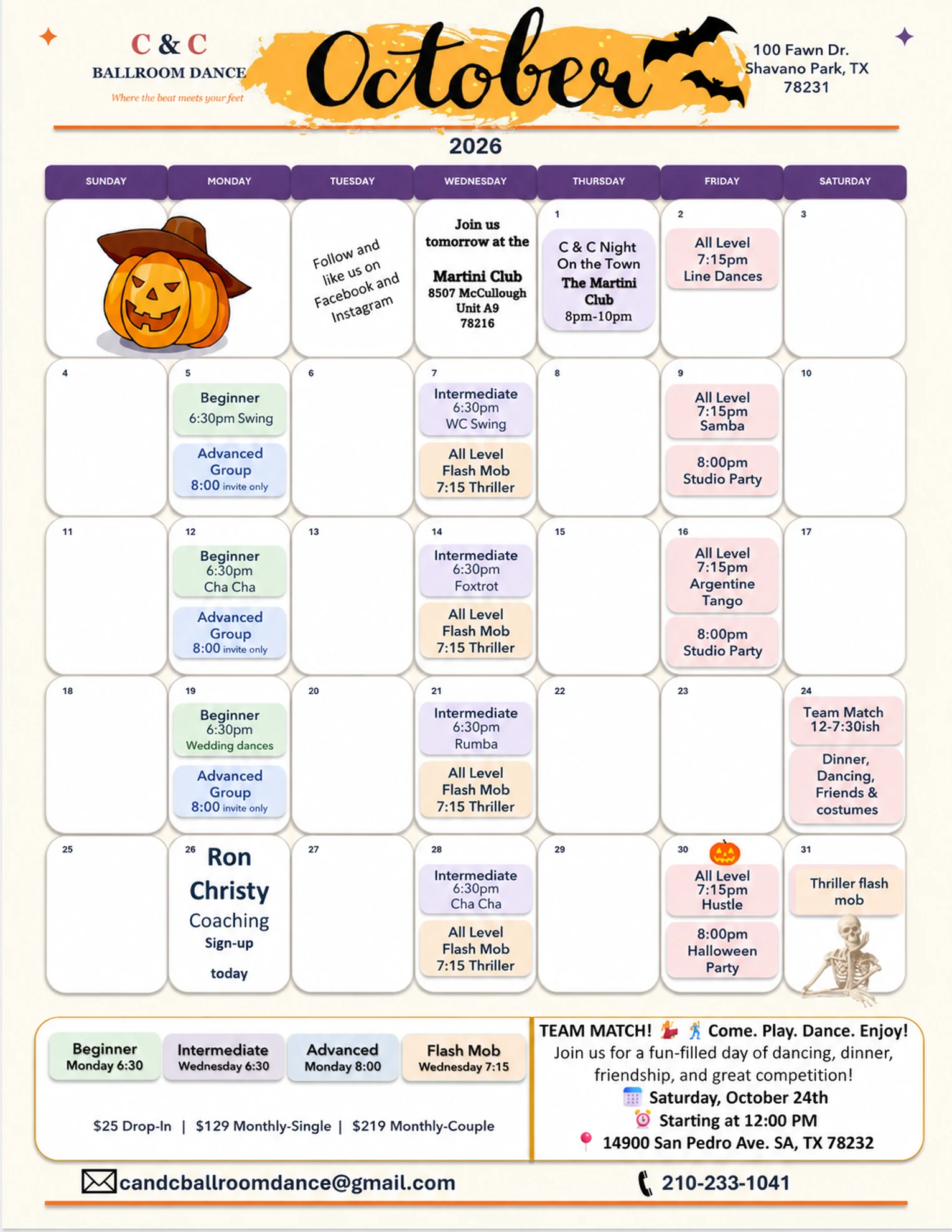 October 2026 C&C Ballroom Dance group class and event calendar